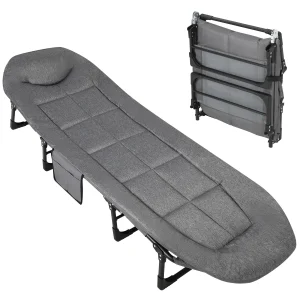 Folding Camping Bed with Cushion and Pillow, Portable Adult Cot Supports 500 lbs