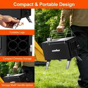 UNHO Portable Wood-Burning Hot Tent Stove with Detachable Chimney Pipes